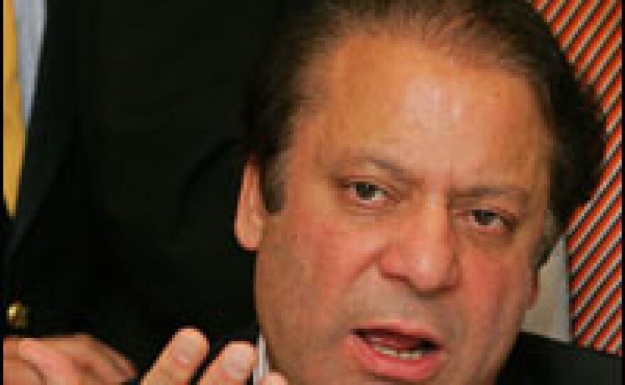 Former Pakistani Prime Minister Nawaz Sharif addresses the media during a meeting in central London in July.