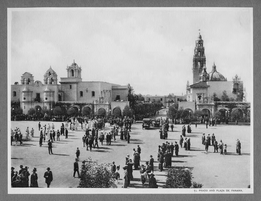 A 1916 photograph shows the House of Charm and Balboa Park's plaza in use, including the terraces above the arcade. The photo inspired architect Jennifer Luce to re-establish those terraces for museum visitors.