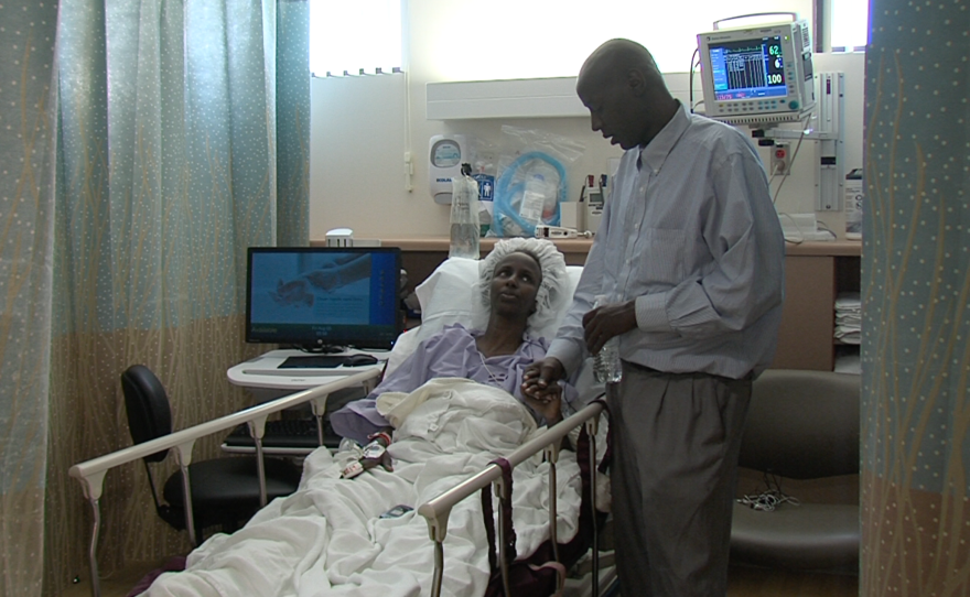 Maha Hussein reunites with her husband after surgery at Sharp Chula Vista Hospital, Aug. 5, 2016.