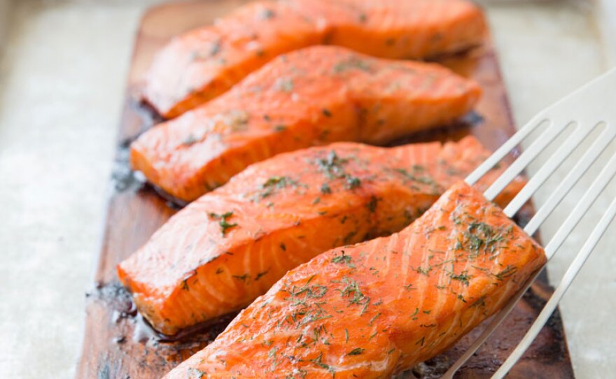 Cedar-planked salmon from episode "Surf and Turf Goes Regional."