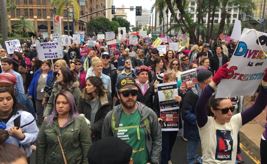 Demonstrators head toward the San Diego County Administration Center during the San Diego Women's March, Jan. 21, 2017. 