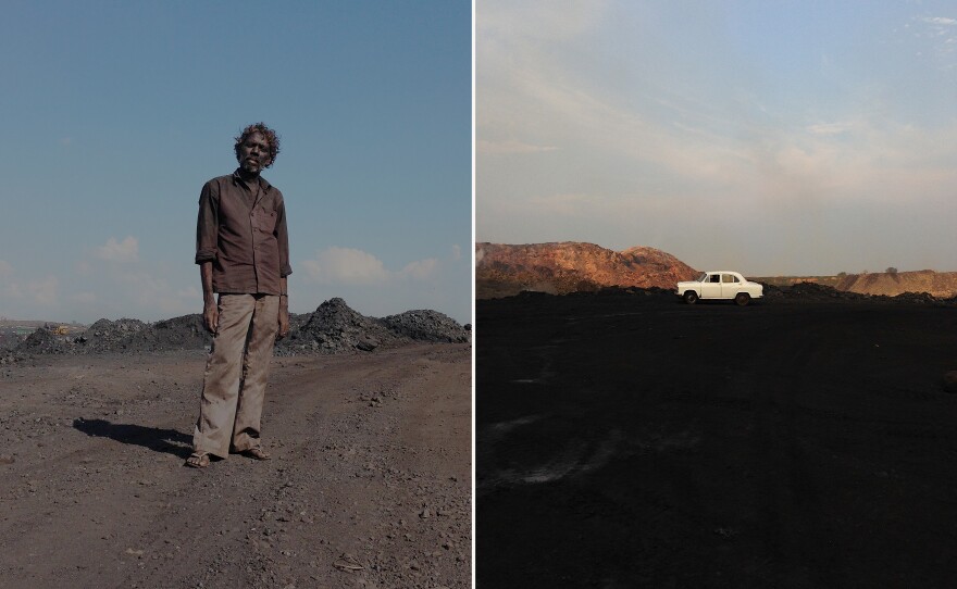 Left: A contractual laborer at one of the coal mines in Jharia. "I'm trying to show the worker in a powerful way," says photographer Ronny Sen.<em> </em>Right: A white Ambassador car, which Sen calls "the symbol of Indian bureaucracy," is a signal to illegal coal pickers to run away from the mines they scavenge.