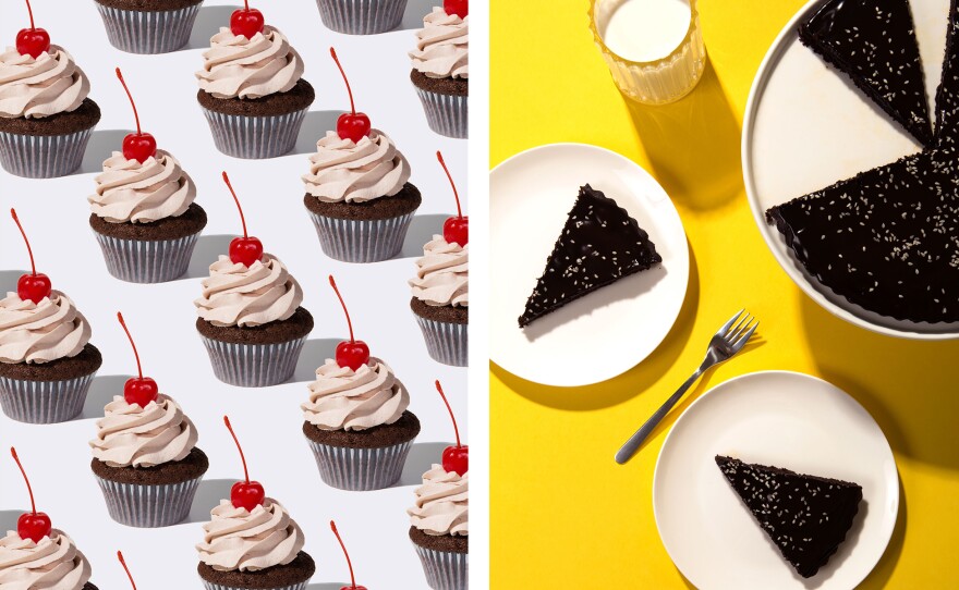 (Left) Chocomíl Cupcakes with a Milk Chocolate Whipped Topping. (Right) Mole Brownie Tart with a Milk Chocolate Ganache.