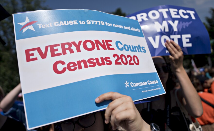 A demonstrator holds a sign about the U.S. census outside the Supreme Court in Washington, D.C., in 2019. The Census Bureau has stopped all work on President Trump's directive to produce a count of unauthorized immigrants that could be subtracted from a key set of census numbers, NPR has learned.