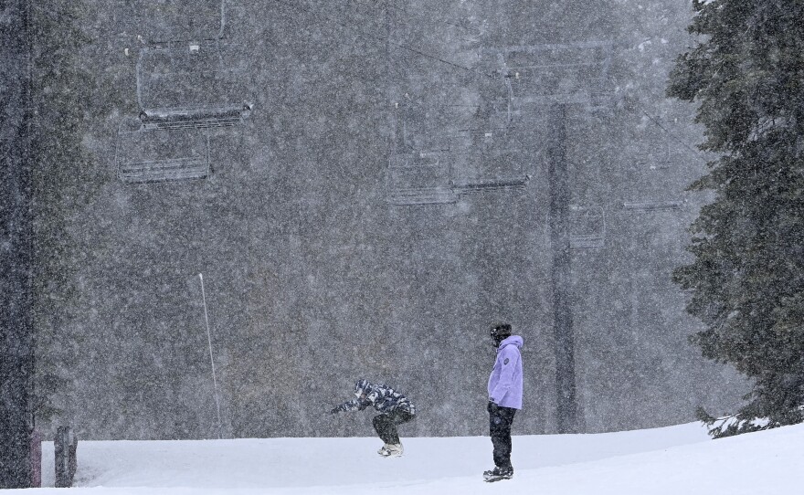 Skiers enjoy a day of skiing and snow fall at North Star California Resort on Thursday, Feb. 29, 2024, in Truckee, Calif.