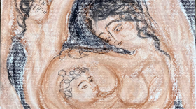 Mother with a newborn  under the closed sky, sanguine and charcoal on paper, March 11, 2022.