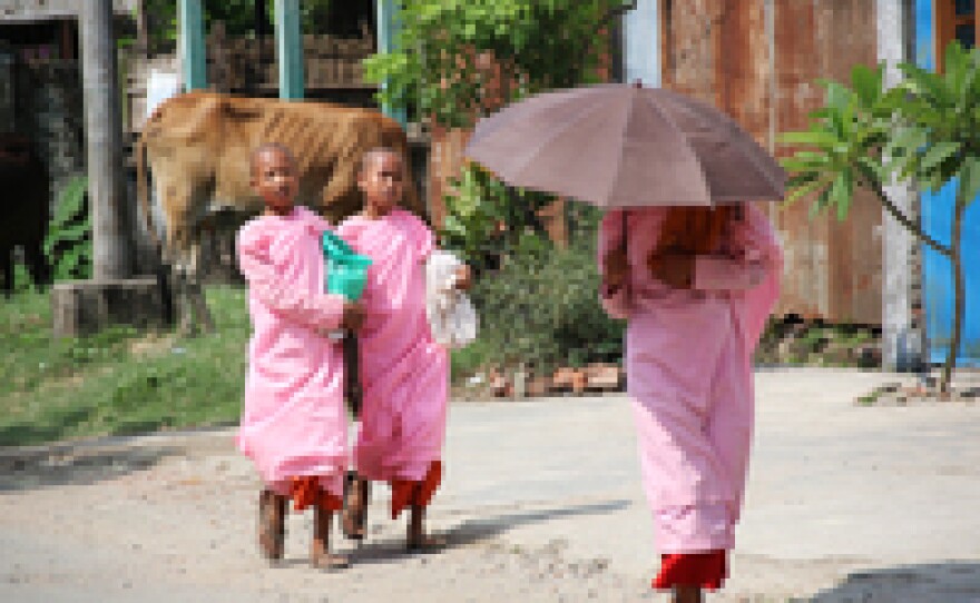 Three Buddhist nuns walk by a cow on the street in Sittwe. The Rakhine are a mostly Buddhist ethnic minority, with their own distinct language and culture.