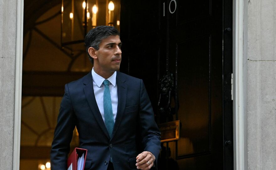 Britain's Prime Minister Rishi Sunak leaves 10 Downing St. in central London on Oct. 26 for the House of Commons to take part in his first Prime Minister's Questions. Sunak faced off against opposition lawmakers for the first time as British prime minister, in a raucous parliamentary session following weeks of political turmoil.