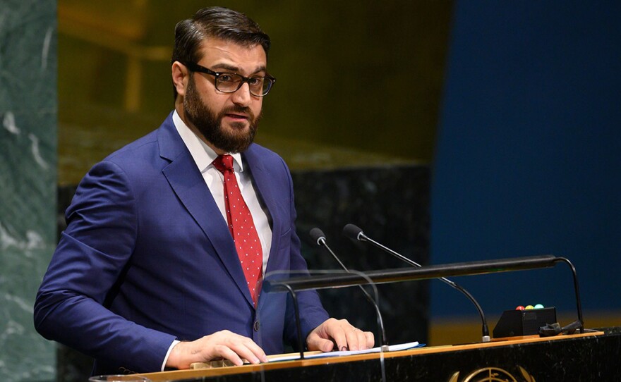 Hamdullah Mohib, Afghanistan's national security adviser, speaks during the United Nations General Assembly in New York City on Monday. After U.S.-Taliban talks excluded Afghanistan's government and collapsed last month, Mohib tells NPR that the only way to lasting peace is to include the country's leaders.