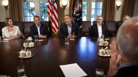 From left House Minority Leader Nancy Pelosi (D-CA), Speaker of the House John Boehner (R-OH), President Barack Obama, Senate Majority Leader Senator Harry Reid (D-NV) and Vice President Joseph R. Biden sit before a meeting in the Cabinet Room of the White House July 10, 2011 in Washington, DC. 