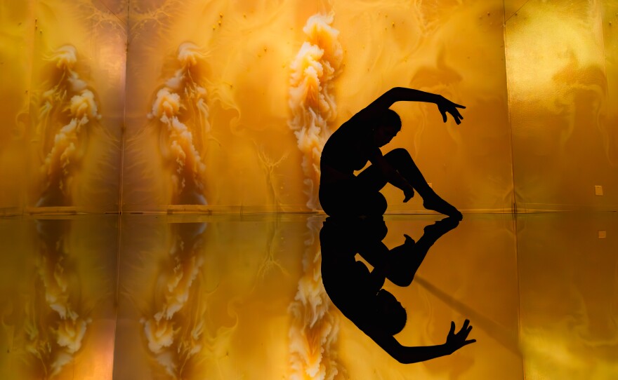A photo shows the silhouette of a dancer raising their hands and sitting on the floor in front of a projection of an orange sea creature.
