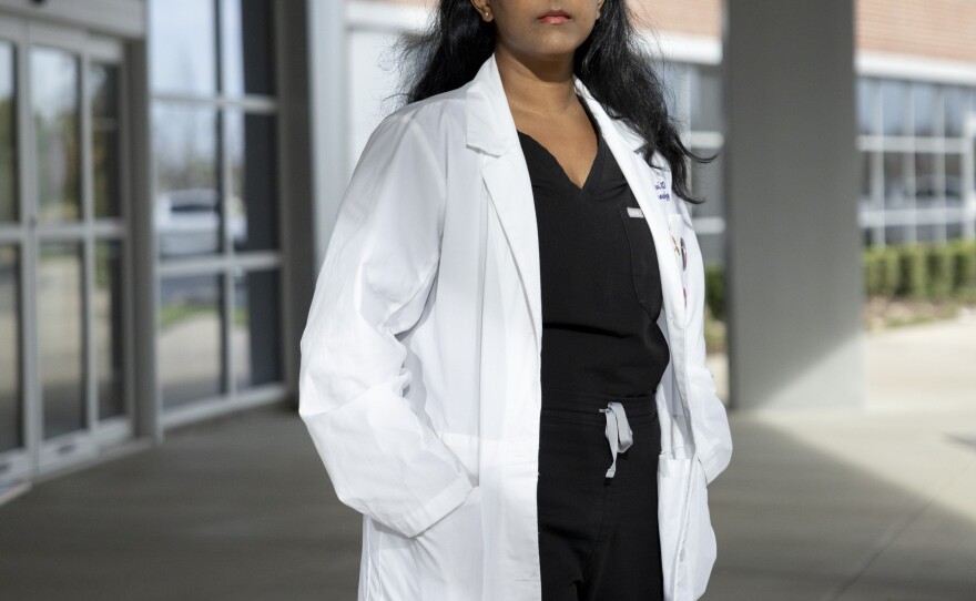 Sukhavasi, photographed in Baton Rouge, La. Monday, March 18, 2024, had a patient in her first trimester who came to the hospital bleeding and in pain. The patient wanted an abortion procedure called dilation and curettage, or D&C. "I know this pregnancy is not going to make it anywhere near survival. And I was stopped from taking her to the operating room," Sukhavasi said.