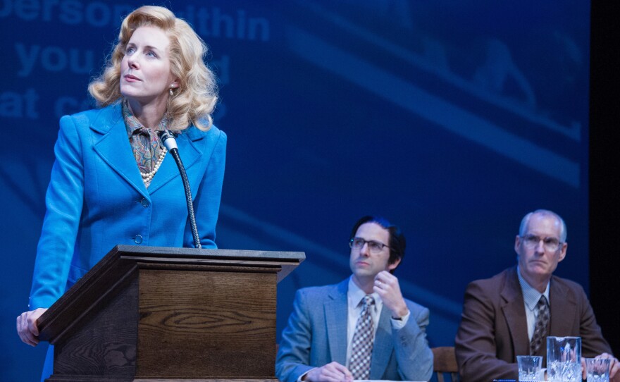 Sarah Weddington, played by Sarah Jane Agnew, makes their Supreme Court argument facing the audience, as audio of the real justices' responses plays from the back of the theater.