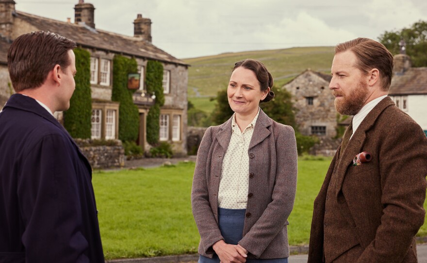 James Herriot (Nicholas Ralph), Mrs Hall (Anna Madeley) and Siegfried Farnon ( Samuel West). MASTERPIECE: ALL CREATURES GREAT AND SMALL Season 4  Premieres Jan. 7, 2024 on MASTERPIECE on PBS 