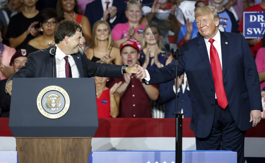 President Trump shakes hands with Ohio 12th District Republican nominee Troy Balderson during a rally last weekend in Lewis Center, Ohio.