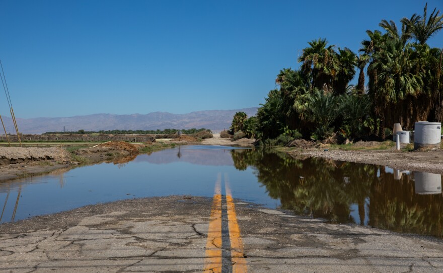 A closed-off road due to flooding from Hurricane Hilary in the Coachella Valley on Aug. 23, 2023.