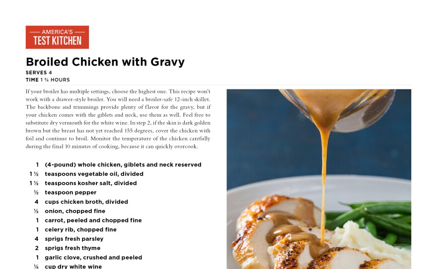 Recipe card for Broiled Chicken with Gravy.