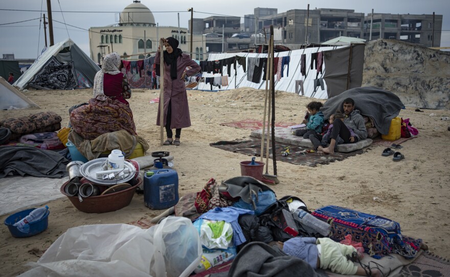 Palestinians displaced by the Israeli ground offensive in the Gaza Strip arrive in the Mawasi area on Thursday.