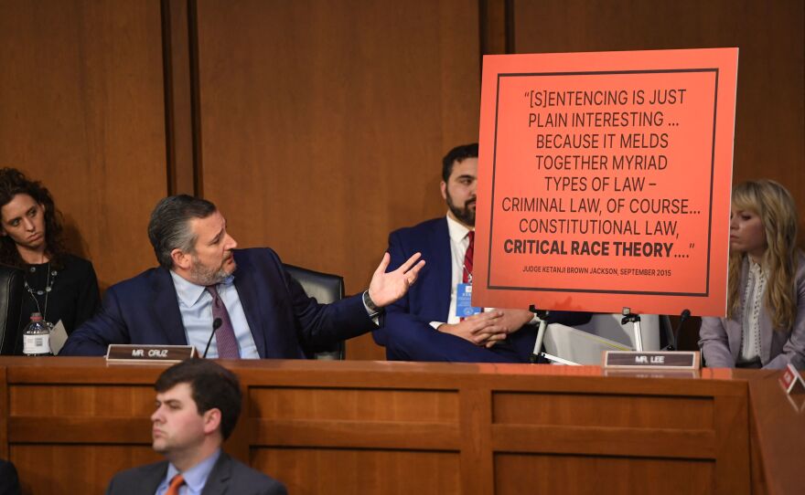Sen. Ted Cruz, R-Texas, gestures toward a poster during the confirmation hearing for Judge Ketanji Brown Jackson on Tuesday.