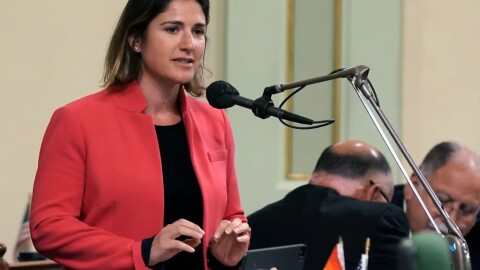 Assemblywoman Rebecca Bauer-Kahan, D-Orinda, urges lawmakers to approve her bill to shield California abortion providers from Texas-style laws, during the Assembly session in Sacramento, Calif., on Monday, May 23, 2022.