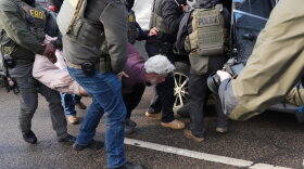 Protesters are arrested by federal agents near the scene where Renee Macklin Good was fatally shot by an ICE officer last January in Minneapolis.