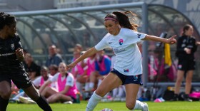 Melanie Barcenas in the Waves exhibition game against Angel City at Snapdragon Stadium on Saturday, March 18, 2023.
