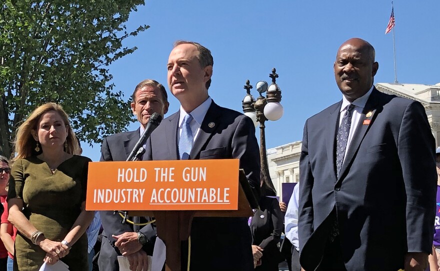 California Rep. Adam Schiff speaks at a news conference as Rep. Jason Crow of Colorado (from left), Rept. Debbie Mucarsel-Powell of Florida, Sen. Richard Blumenthal of Connecticut and Rep. Dwight Evans of Pennsylvania look on. The Democratic leaders introduced the Equal Access to Justice for Victims of Gun Violence Act on Tuesday.