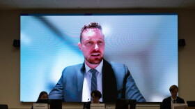 Board Member Rhys Williams appears on a screen during a California Environmental Protection Agency Board of Environmental Safety meeting at CalEPA headquarters in Sacramento on July 23, 2026. Williams attended the meeting virtually.