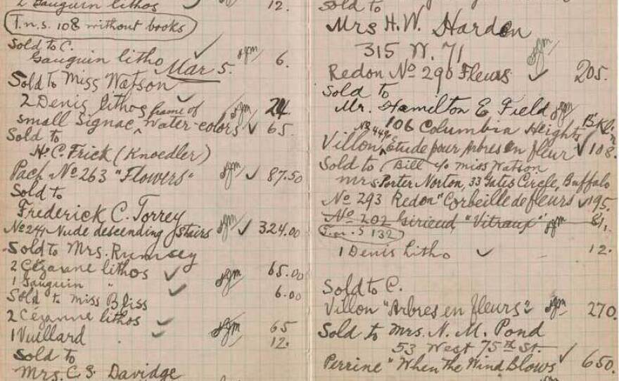 A notebook recording sales at the New York Armory Show shows that Marcel Duchamp's <em>Nude Descending a Staircase</em> sold for $324.