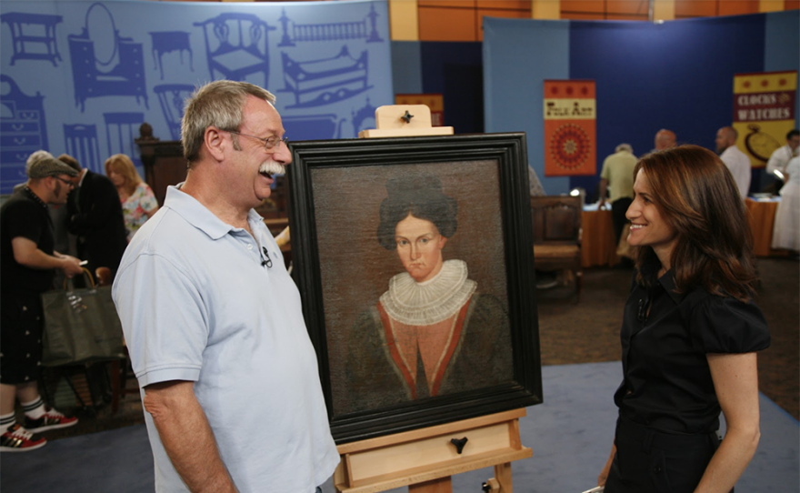 Margot Rosenberg (right) appraises a portrait attributed to Sheldon Peck, ca. 1835, in Palm Springs, Calif. 