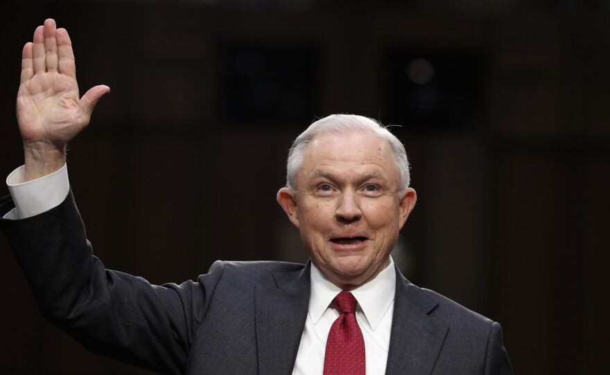 Attorney General Jeff Sessions as he was sworn-in on Capitol Hill in Washington, D.C., in June. He testified that suggestions that he colluded with Russia to interfere in the U.S. presidential election was a "contemptible lie."