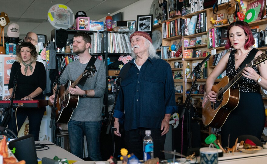 David Crosby and The Lighthouse Band performs a Tiny Desk Concert on Nov. 29, 2018 (Cameron Pollack/NPR).