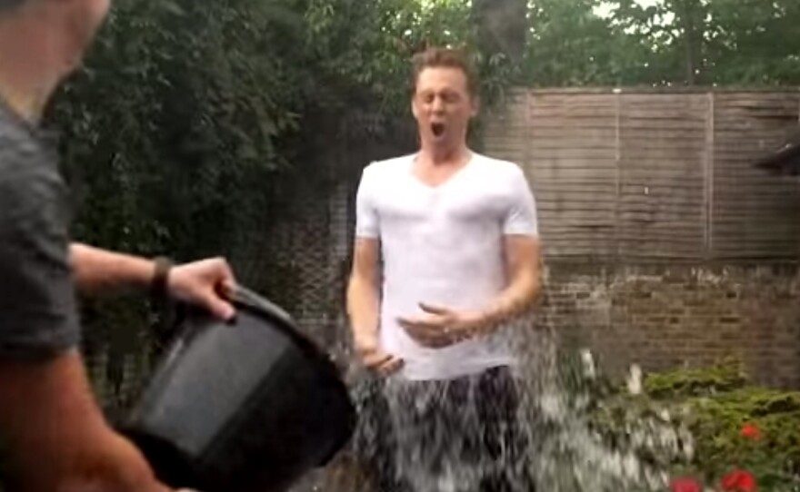 Tom Hiddleston takes the Ice Bucket Challenge. The actor is one of many stars taking part in the campaign to raise money for ALS.