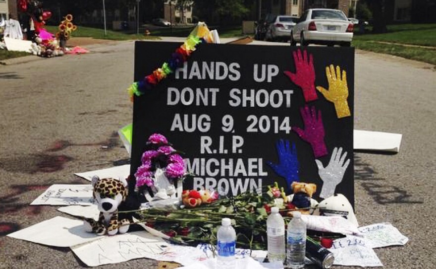 A makeshift memorial to Brown near the spot where he was shot and killed by a police officer.