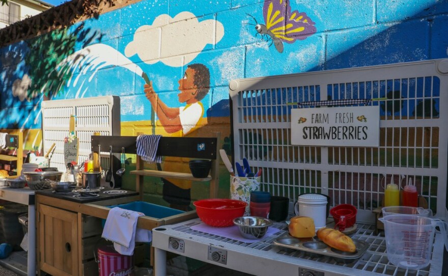 A “mud kitchen” for children to play at Tonya Muhammad’s child care in Hawthorne on Oct. 28, 2021.