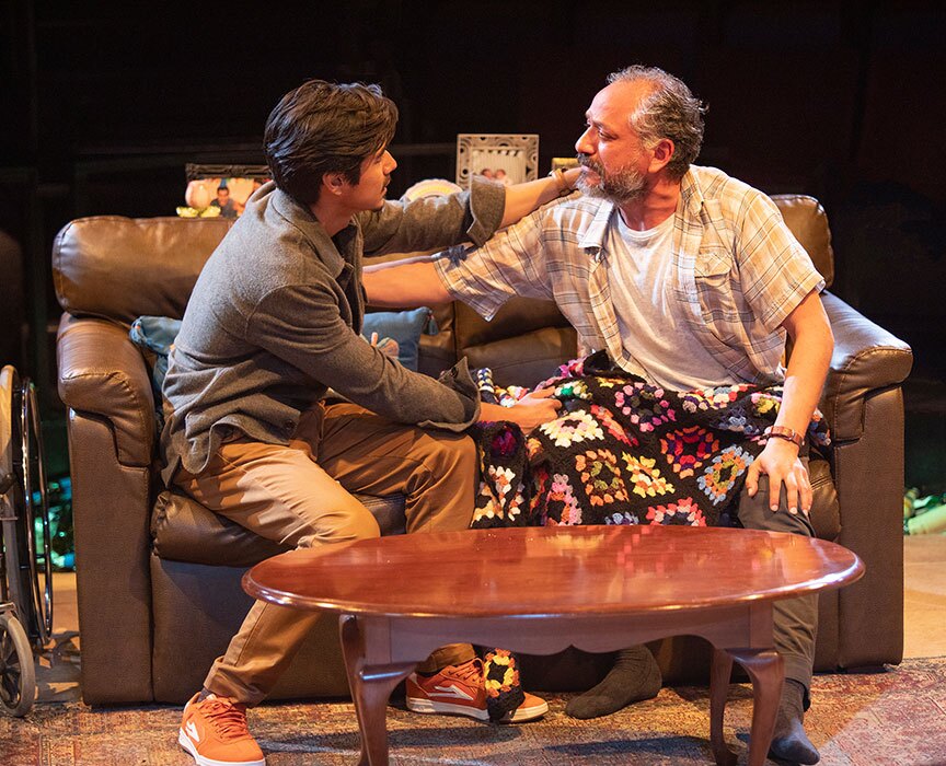 Matthew Martínez as David and Jesse J. Perez as Raul in The Old Globe's production of "El Borracho," on stage through Mar. 20, 2022.