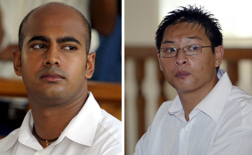 A composite image of file photos shows Australians Myuran Sukumaran, left, and Andrew Chan in Denpasar district court in Bali. Indonesia has rejected appeals for clemency in their cases. The two will reportedly be executed early Wednesday.