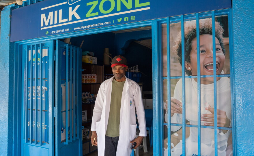 Moses Sansiman has been selling milk at his Milk Zone shop for 5 years in Kigali, Rwanda.
