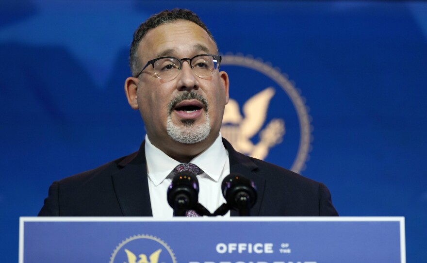 Miguel Cardona, President-elect Joe Biden's intended nominee for secretary of education, speaks after at The Queen Theater in Wilmington, Del., on Wednesday.