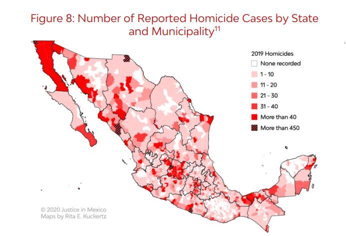 Map of Mexico showing the number of reported homicide cases in 2019. 