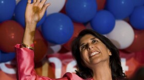 Nikki Haley waves to supporters after winning the Republican primary for governor in South Carolina. Haley defeated Rep. Gresham Barrett in a runoff election.