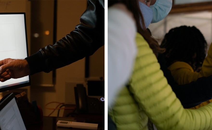 Left: Vice Adm. Henrique Gouveia e Melo points to a COVID chart in his office; Right: People hold themselves in a trolley in Lisbon, Portugal.