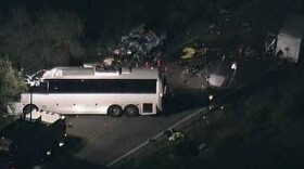 Eight people were killed and dozens injured after a tour bus crashed into a pickup truck in San Bernadino, Calif. on February 4, 2013.