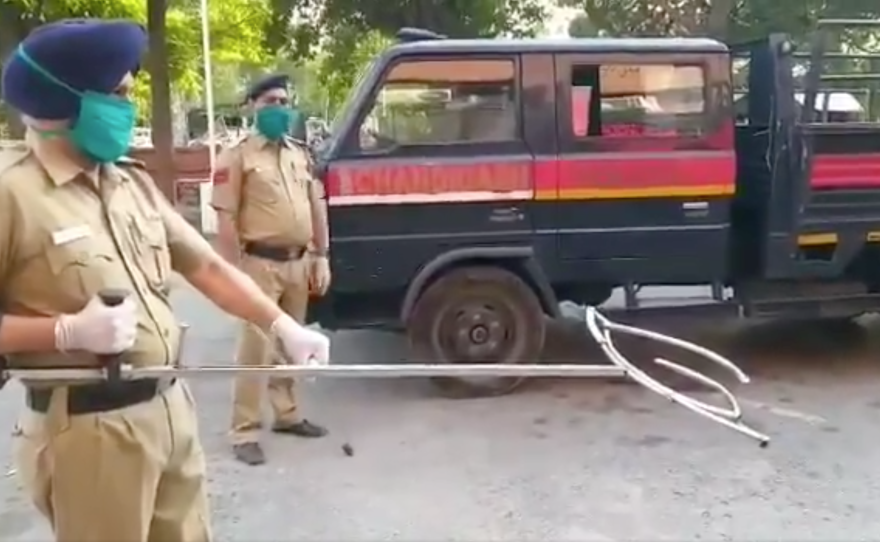 Police in Chandigarh, India, tweeted a video of officers using a pole affixed with a moveable, two-pronged claw for catching a suspect around the waist.
