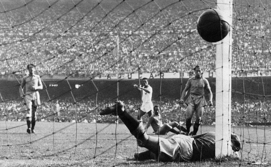 Brazilian forward Ademir Marques de Menezes (center) scores during a 7-1 win over Sweden in the 1950 World Cup at Maracanã stadium, in Rio de Janeiro. The stadium's condition more than six decades later is substantially less glorious than in this moment.