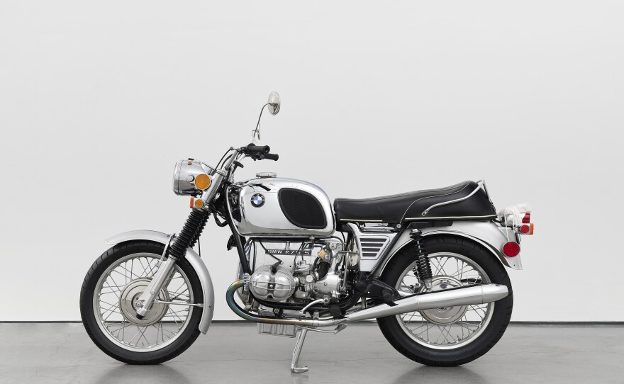 Tiona Nekkia McClodden, The Lover, off the road (after Barbara), 1972-2021. Black paint and metal chrome on BMWR75/5 motorcycle.