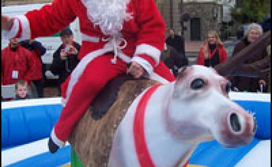 ZDF television reporter Oliver Deuker, about to take a spill from riding Rudolph, went on to eventually win the Santa championship in Celle, Germany.