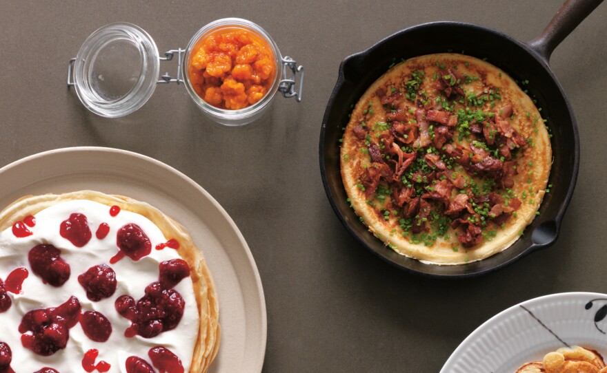 Nordic items clockwise from top left: sugared cloudberries; Norwegian thick salt-pork pancakes, waffles; thick oven-baked pancake; blood pancakes; pancake torte.