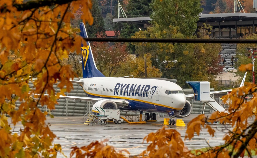 A Boeing 737 MAX aircraft owned by Ryanair parked at Boeing's Renton, Washington factory in October. All 737 Max planes remain officially "grounded" worldwide.