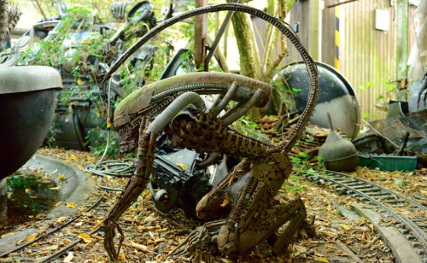 One of H. R. Giger's sculptures in his garden, where he also has a small train that tours the yard.